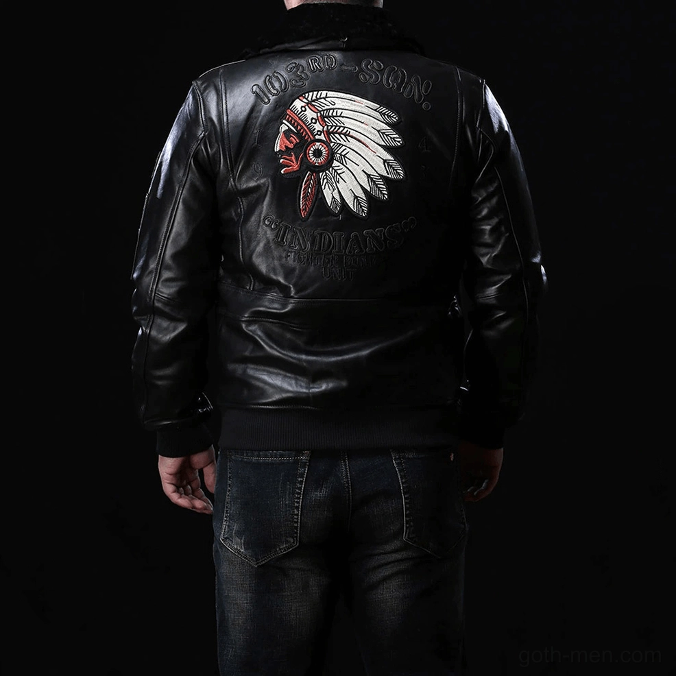 Black gothic bomber jacket worn front view showing fitted silhouette with embroidered patches and fur collar