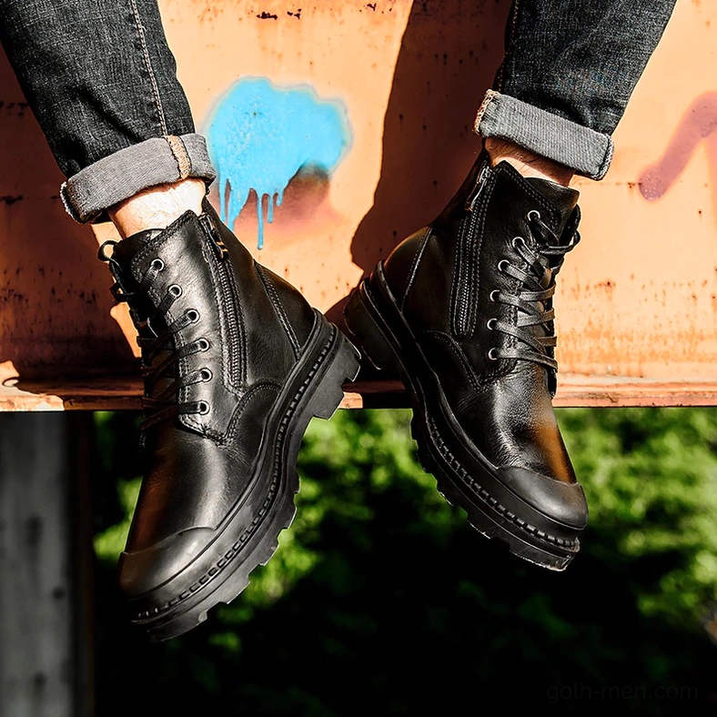 Close-up detail of black gothic combat boot leather texture and premium cow leather craftsmanship