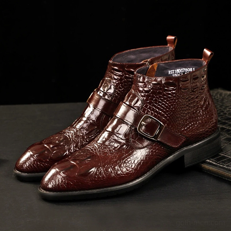 Black crocodile texture gothic boots close-up detail showing leather embossing and hardware elements