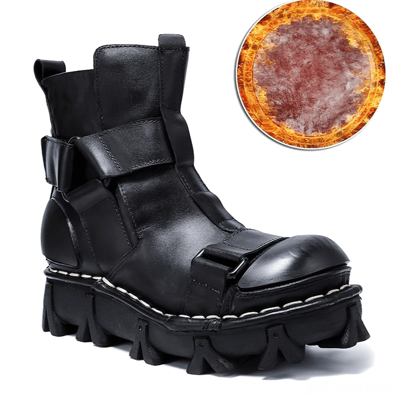 Black leather gothic platform boots featuring fleece lining, buckle straps, and thick heel - insole comfort detail