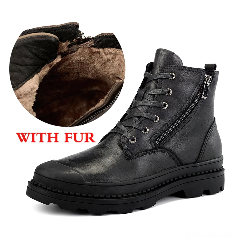 Black leather ankle boots with fur lining, front view showing warm plush interior lining detail