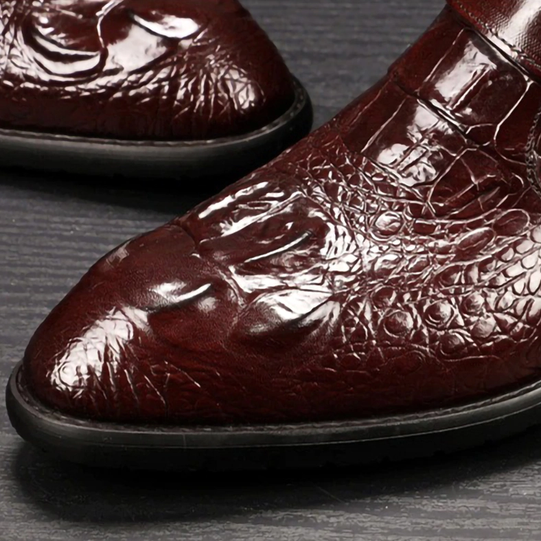 Black gothic crocodile boots showing pigskin lining interior comfort and construction quality