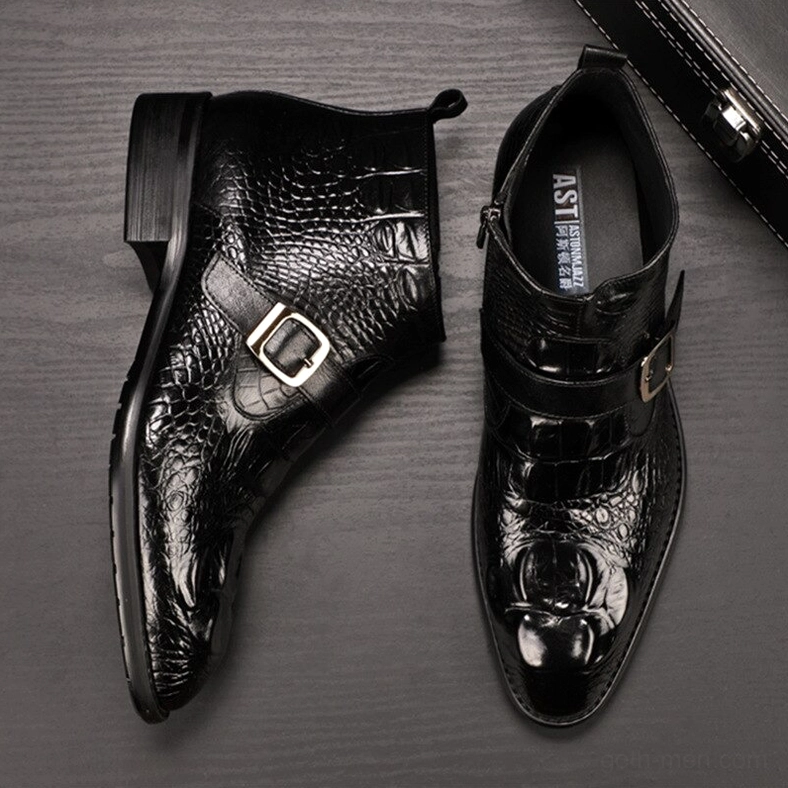 Black gothic crocodile boots bottom view revealing non-slip tread pattern and block heel architecture