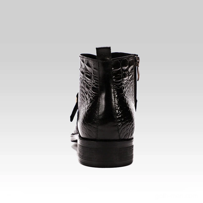Black gothic leather boots rear view showcasing crocodile texture side zipper and heel pull tab