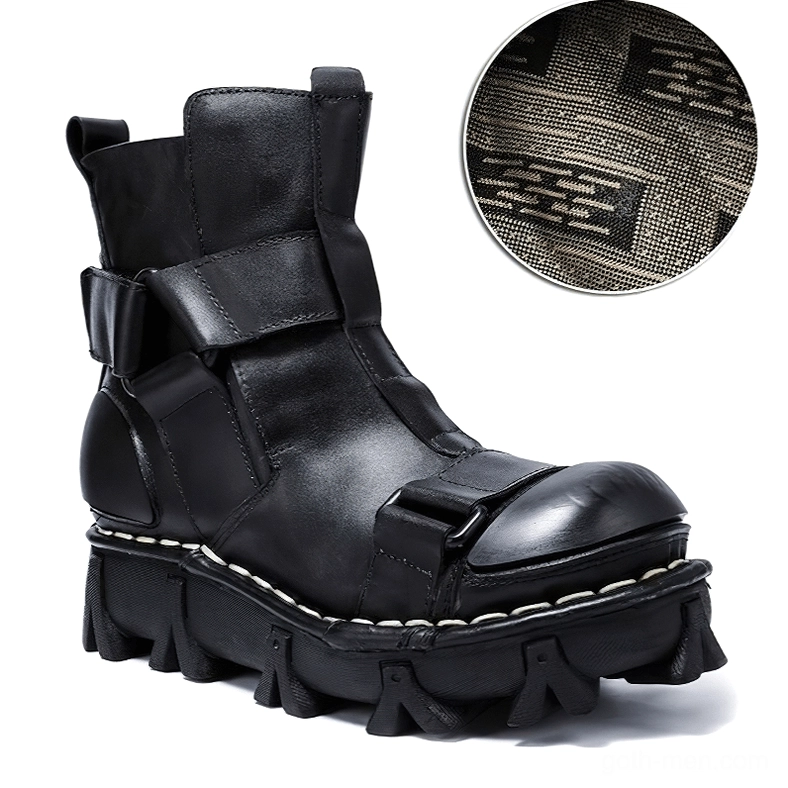 Black gothic punk leather boots with textured textile insole and buckle straps - side profile full view