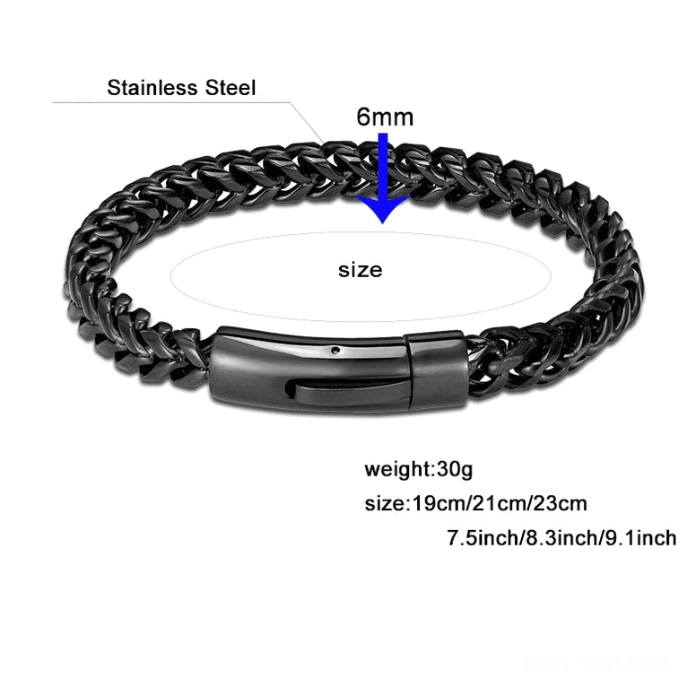 Black gothic men's stainless steel bracelet - overhead view showing 6mm link width and multiple size options