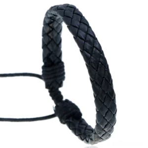 Black handwoven gothic braided leather bracelet with adjustable drawstring clasp, front flat view