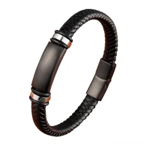 Black braided leather gothic bracelet with magnetic clasp and silver decorative rings, men's dark style accessory