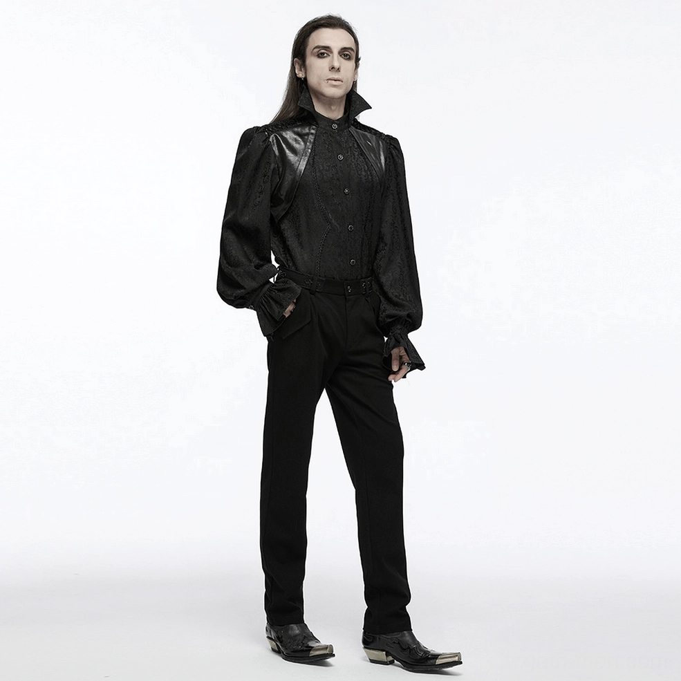 Black gothic men's shirt showing bubble sleeve silhouette and lace drawstring shoulder accents