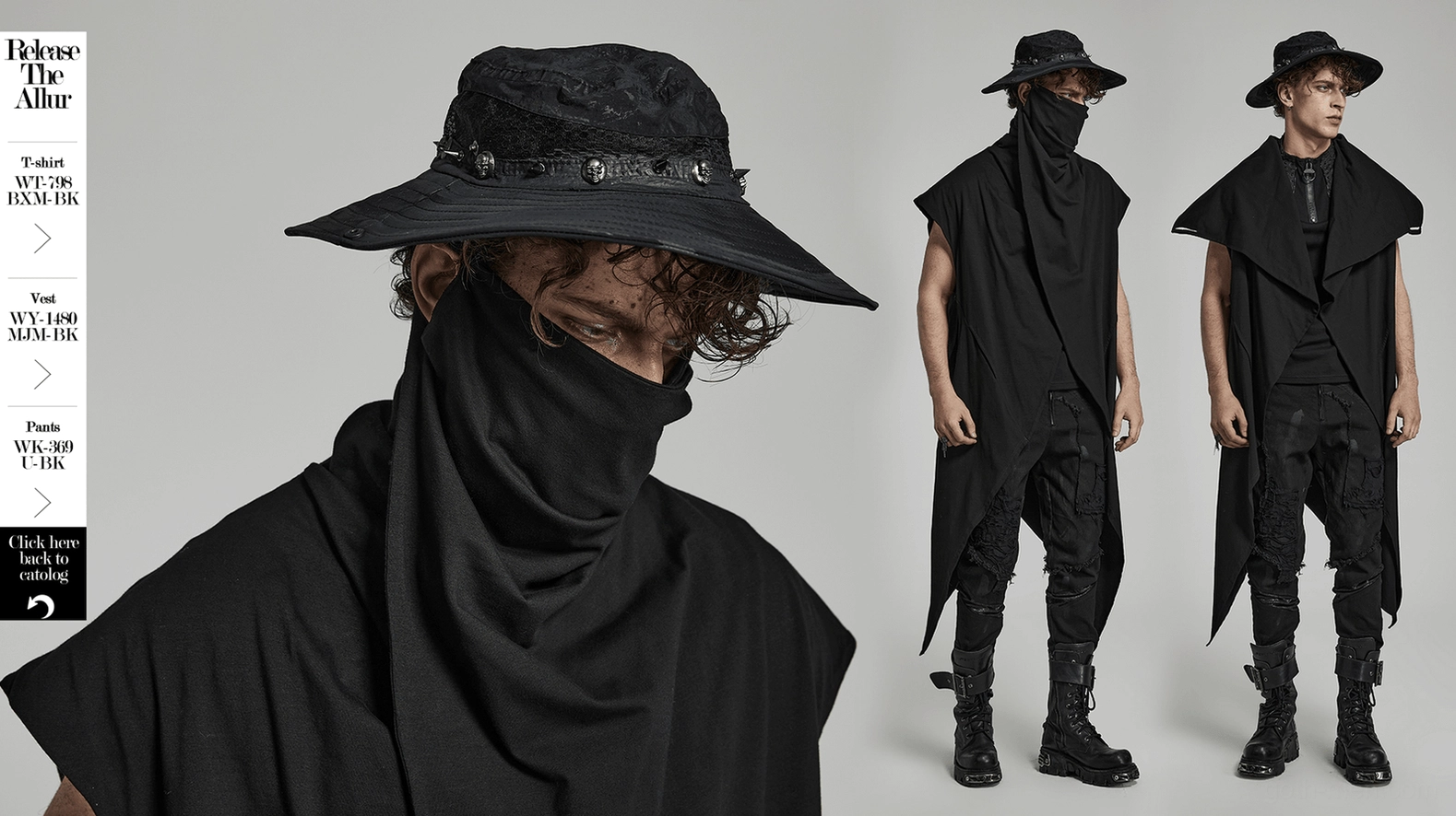 Black gothic distressed bucket hat with skull studs and adjustable brim - full product view