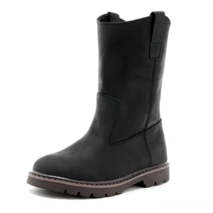 Black gothic buckle leather mid-calf boots front side view men's rock style