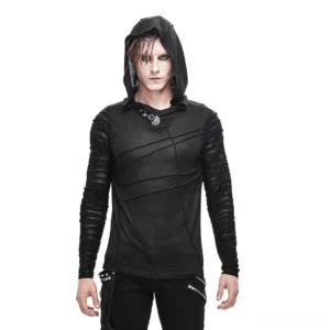 Black gothic buckle hoodie with sheer striped sleeves front view on male model