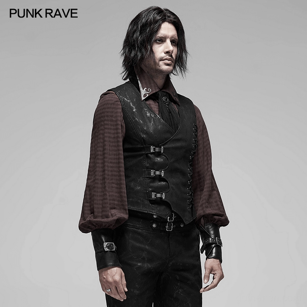 Black gothic buckle lace vest full product view - textured fabric waistcoat for men