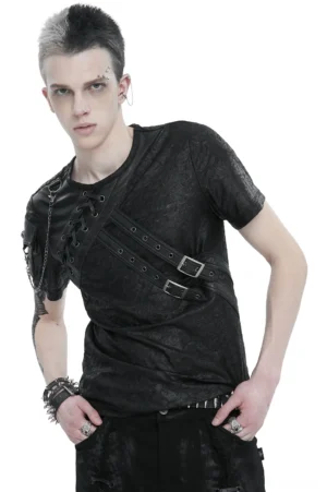 Black gothic punk splice t-shirt with metal buckle and chain details, front three-quarter view on male model