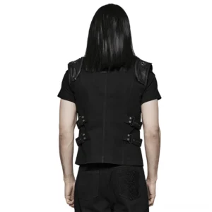 Rear view of black gothic buckle vest featuring back side buckle straps and fitted silhouette on male model