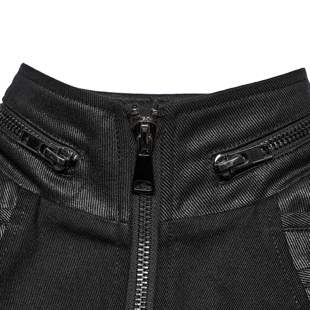 Detailed view of black gothic buckle vest collar and front closure with center main zipper and dual side zipper accents