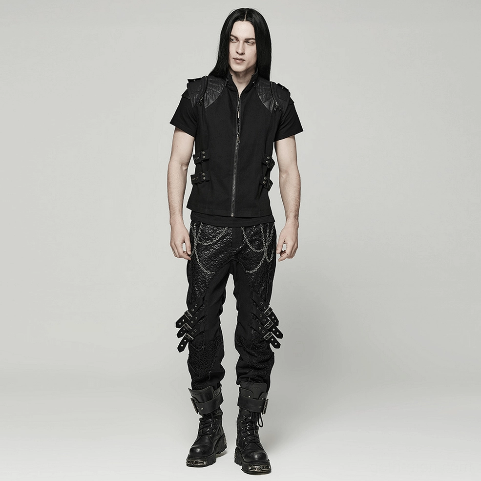 Comprehensive flat lay of black gothic buckle vest displaying all design features and construction elements
