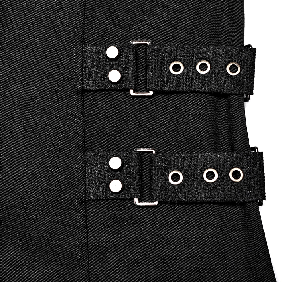 Gothic buckle vest side-view detail showing construction quality, leather reinforcements, and adjustable buckle straps