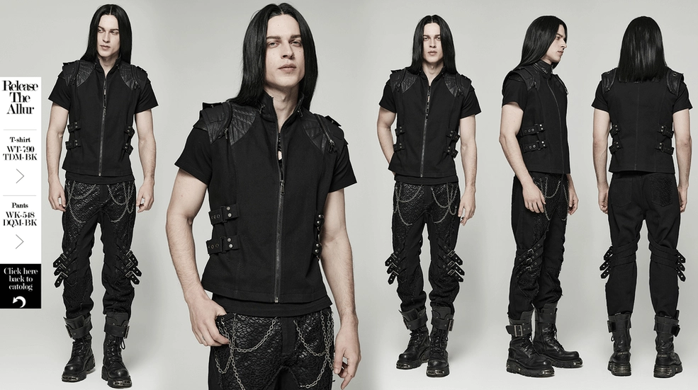 Fitted silhouette view of black gothic buckle vest on model showcasing tailored gothic aesthetic and buckle placement