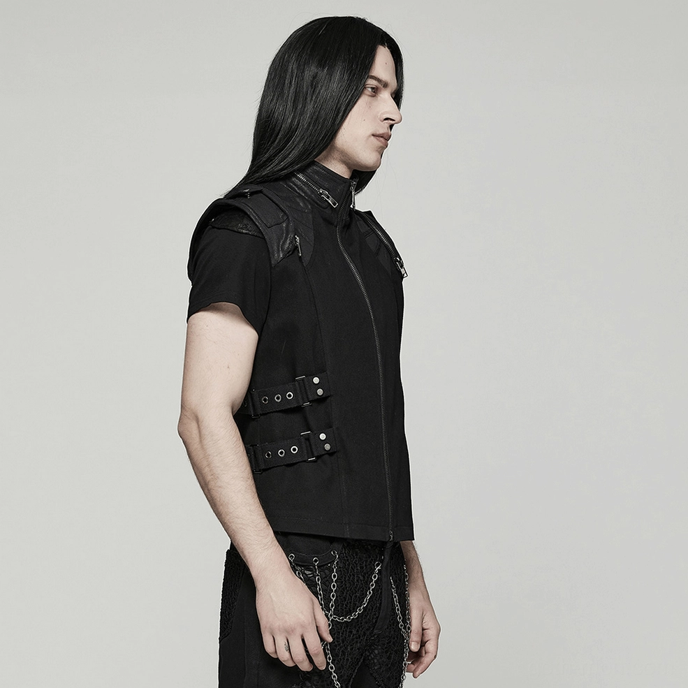 Flat lay overview of black gothic buckle vest showing full silhouette, fitted cut, and design architecture