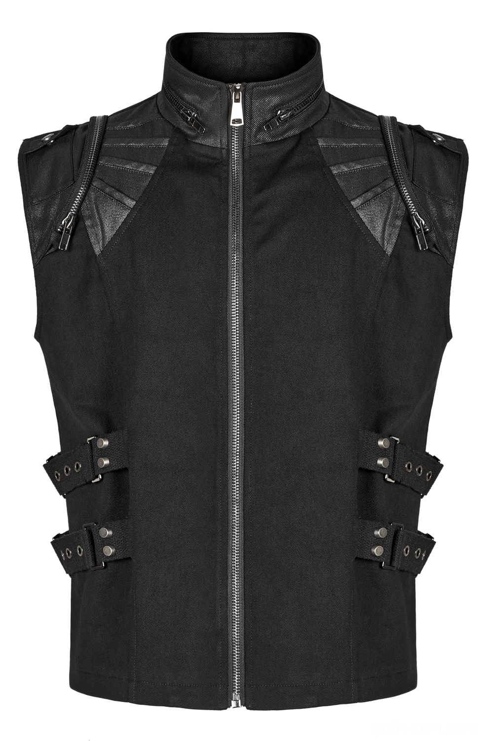 Front flat lay of black gothic buckle vest with leather shoulder panels, center front zipper, and adjustable side buckles
