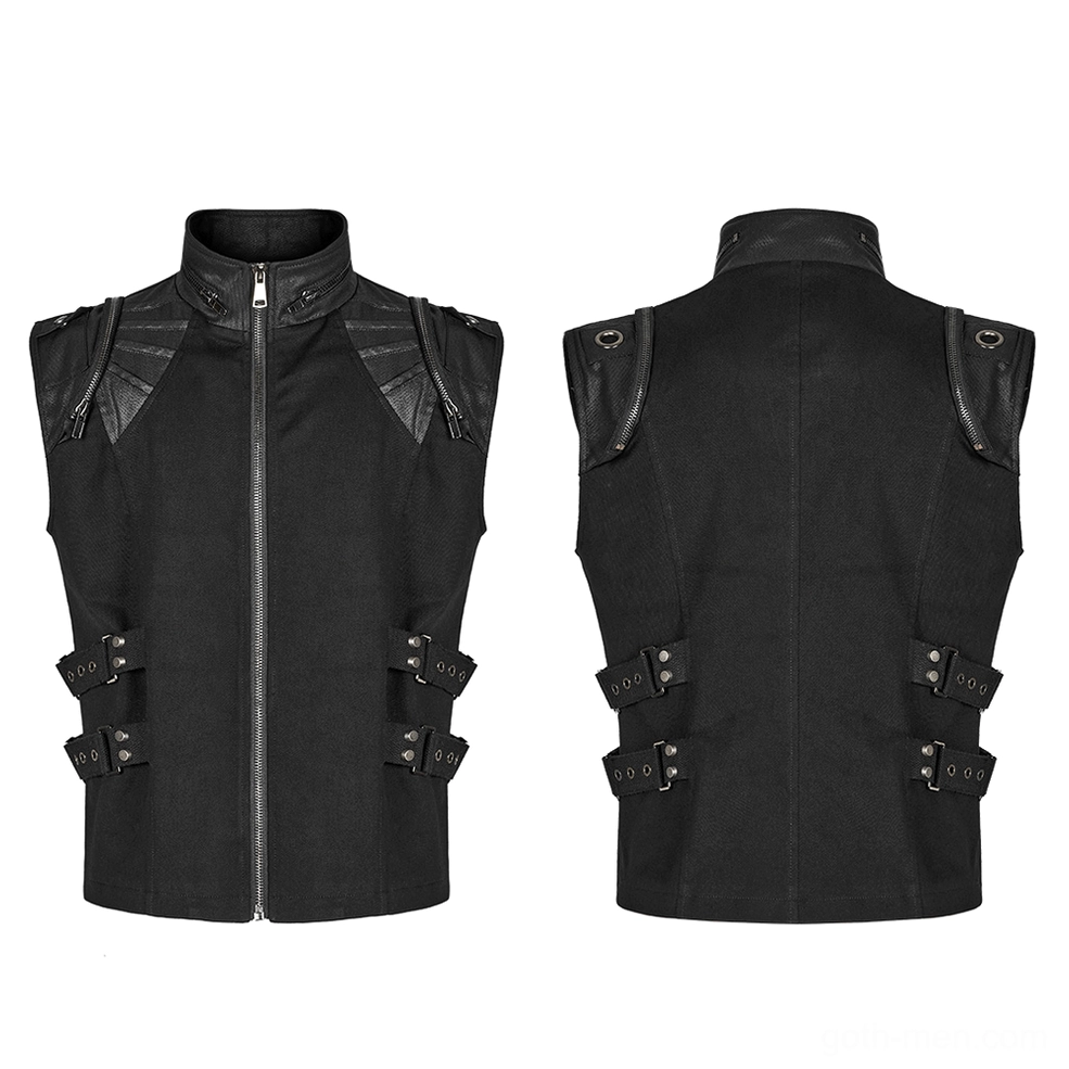 Flat lay front and rear view of black gothic buckle vest showing stand collar, full front zipper, and dual side buckle sets