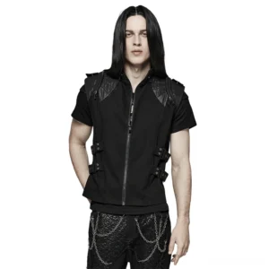 Front view of black gothic buckle vest with full-length zipper, dual leather shoulder panels, and semicircle studs on a male model with long hair