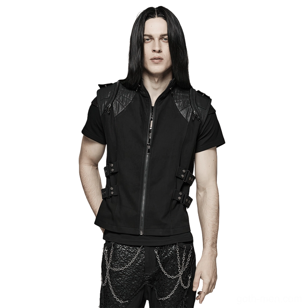 Front view of black gothic buckle vest with full-length zipper, dual leather shoulder panels, and semicircle studs on a male model with long hair