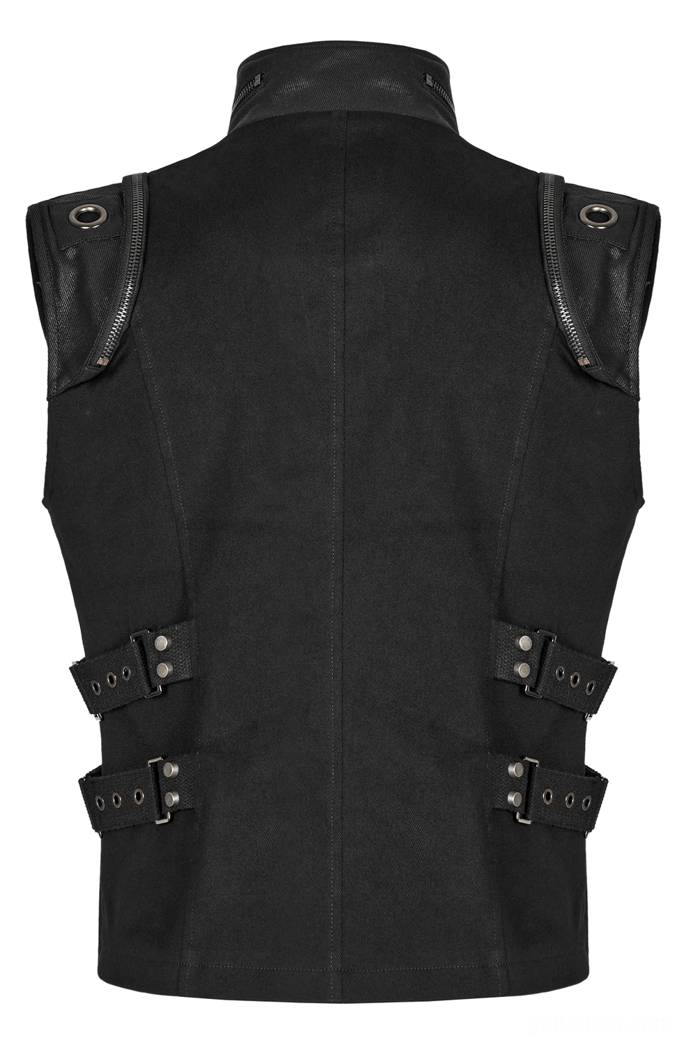 Rear flat lay of black gothic buckle vest showing leather shoulder patches, dual side buckle strap sets, and reinforced metal eyelets