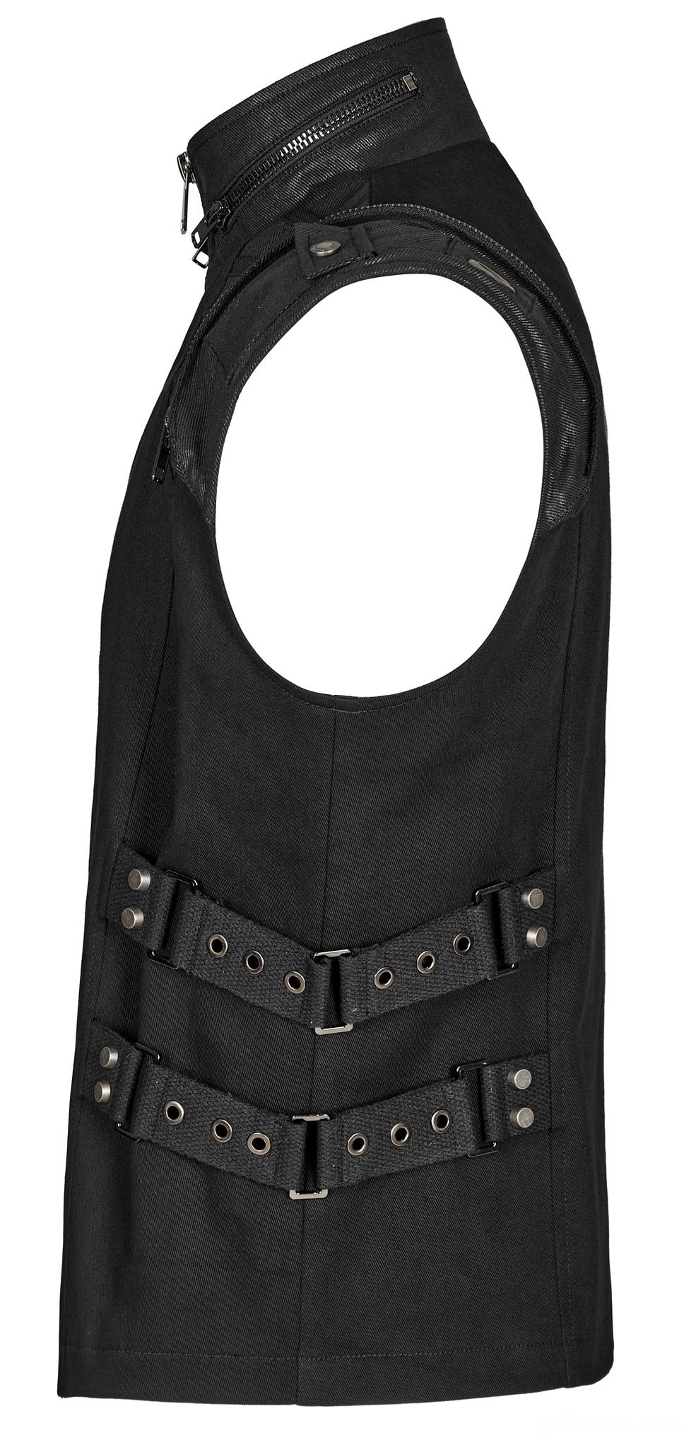 Left side flat lay of black gothic buckle vest featuring zippered stand collar, back buckle straps, and sleeveless armhole