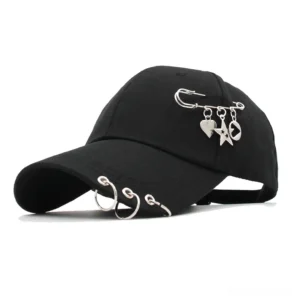 Black metal ring piercing gothic baseball cap front view with chain decorations