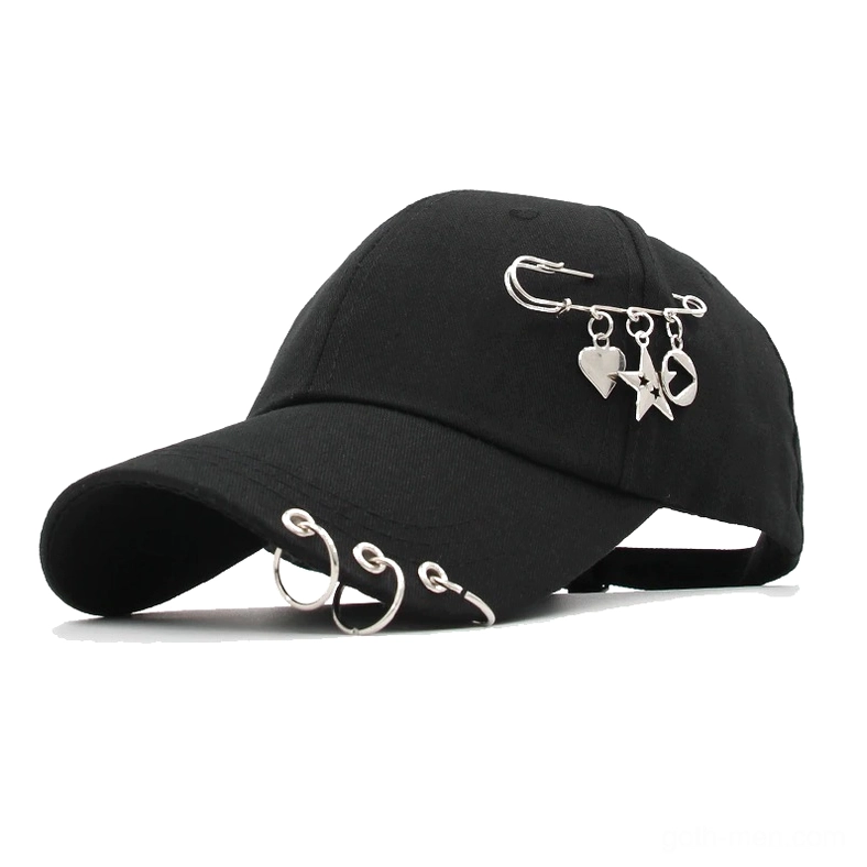 Black metal ring piercing gothic baseball cap front view with chain decorations