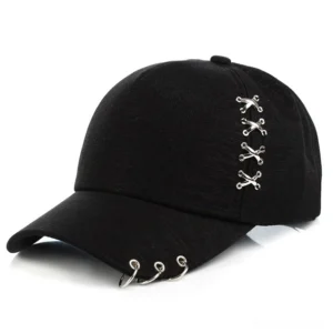 Black metal ring gothic baseball cap with cross buckles and brim ring embellishments front three-quarter view