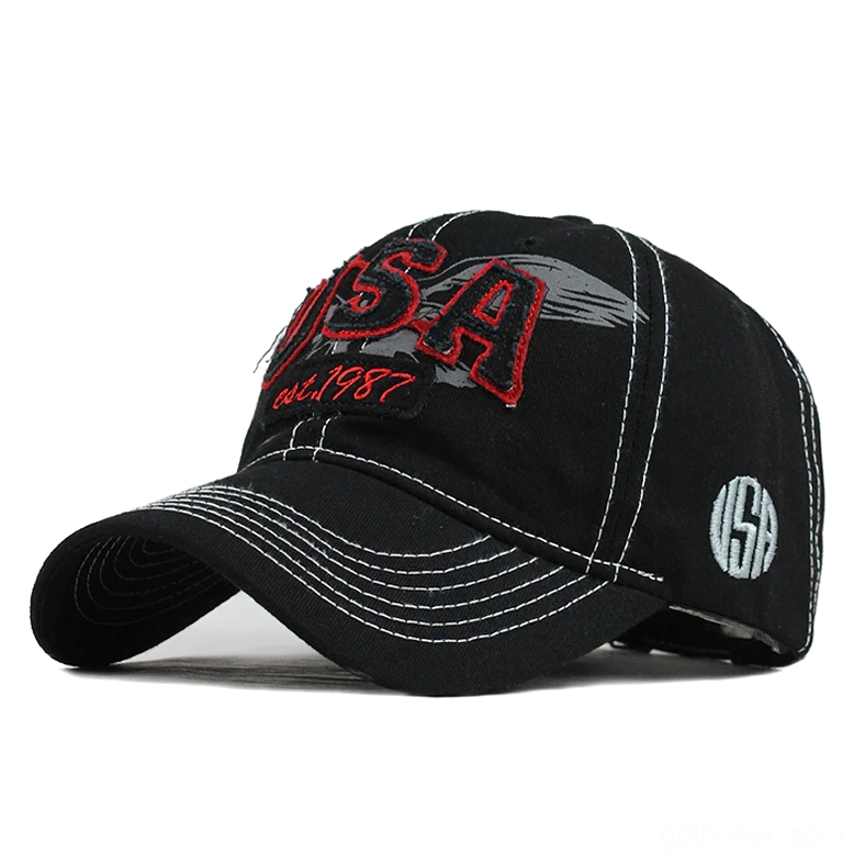 Black vintage baseball cap with red USA embroidery and side badge, rear three-quarter view