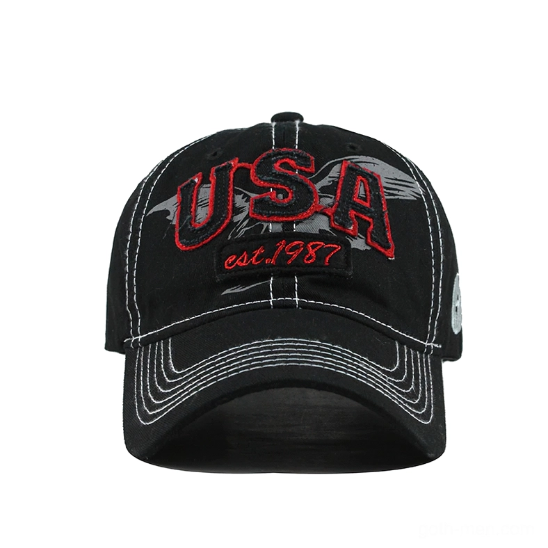 Black vintage gothic baseball cap with red USA embroidery and est.1987 patch, direct front view