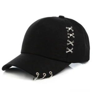 Black gothic baseball cap with industrial metal hardware and brim rings side three-quarter perspective