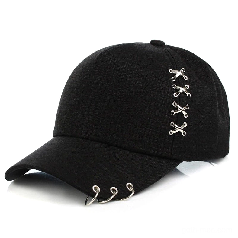 Black gothic baseball cap with industrial metal hardware and brim rings side three-quarter perspective