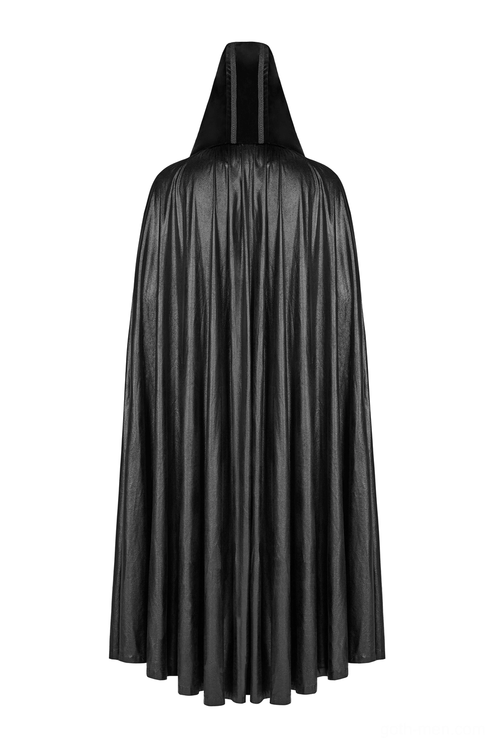 Rear view of black gothic cape with wrinkled satin fabric and floor-length hem details