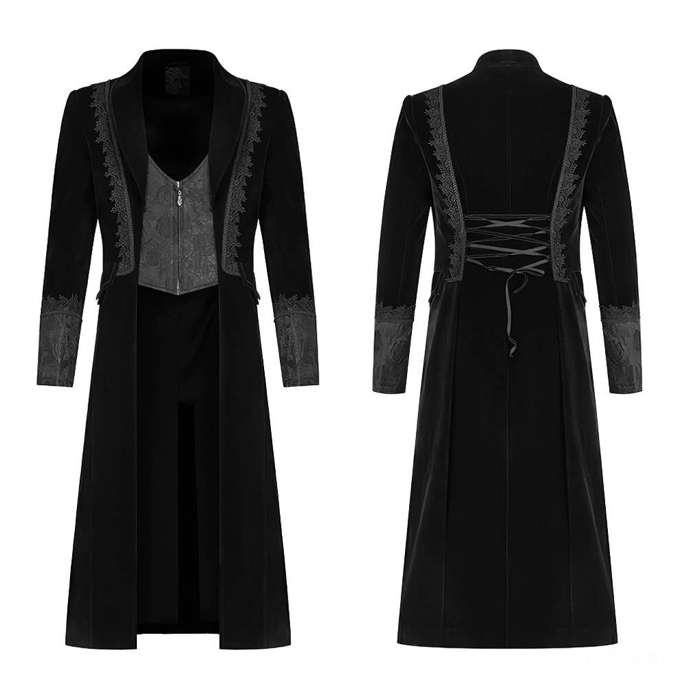 Flat lay view of black velvet gothic cape displaying attached zip vest, lace trim details, and structured shoulders