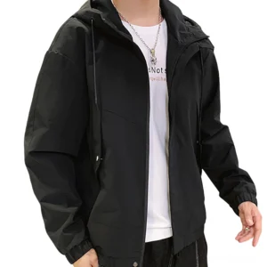 Men's black gothic cargo hooded jacket front view on male model with drawstring hood and multi-pocket design