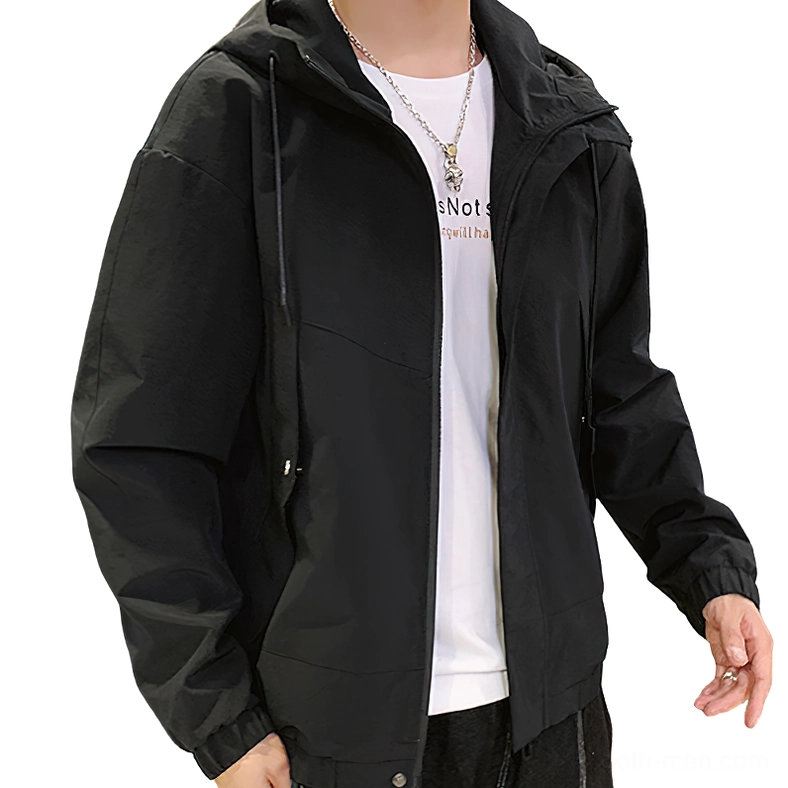 Men's black gothic cargo hooded jacket front view on male model with drawstring hood and multi-pocket design