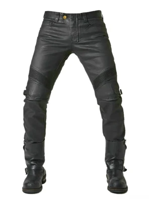 Black gothic cargo motorcycle pants front view - fitted black biker pants with knee straps and jean-style waistband