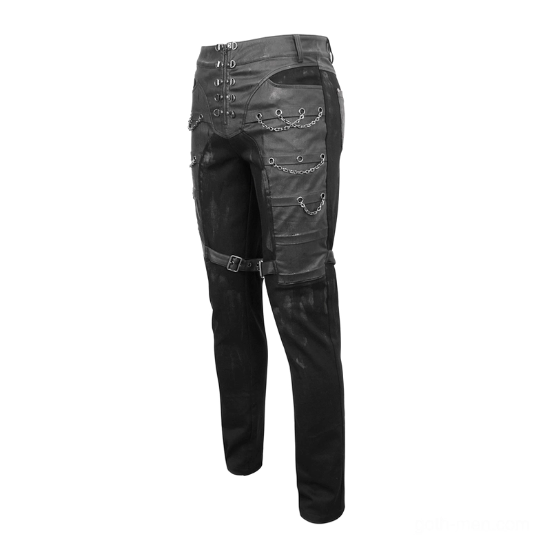 Black gothic cargo pants rear side flat lay detail of back pocket chains and thigh buckle strap construction