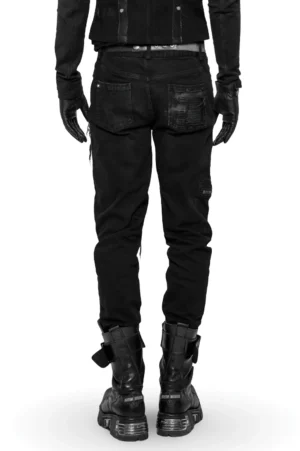 Black gothic distressed cargo pants back view showing multiple pockets and wear-damage aesthetic
