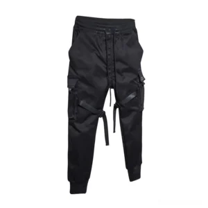 Black cargo joggers with decorative ribbon straps - back view showing pocket details