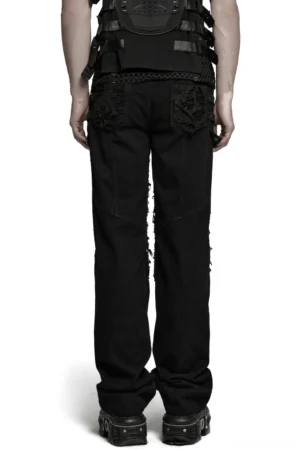 Black gothic cargo pants back view featuring matching tactical vest with ripped back pockets and stud decorations
