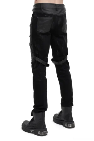Black gothic cargo pants rear full-body view showing back thigh straps and chain embellishments