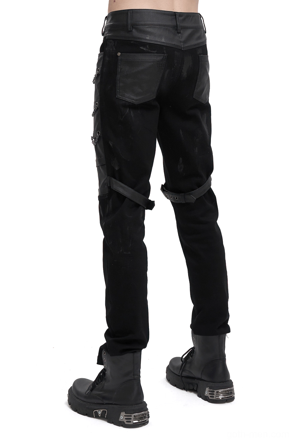 Black gothic cargo pants rear full-body view showing back thigh straps and chain embellishments