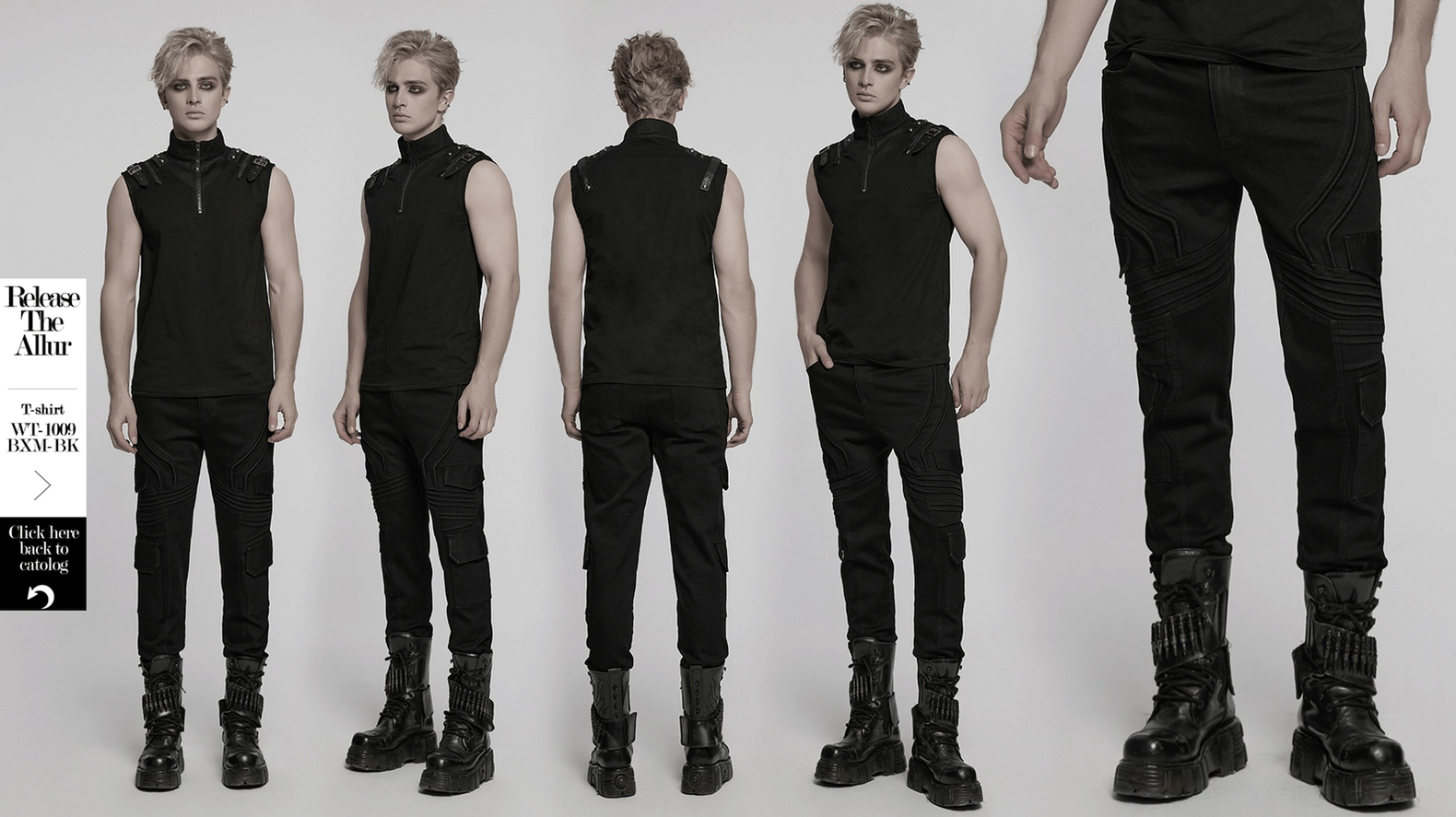 Black slim fit gothic cargo pants complete overview front rear industrial design
