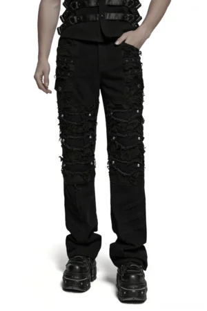 Black gothic cargo pants front full-body view on male model with distressed mesh panels and metal rivet details